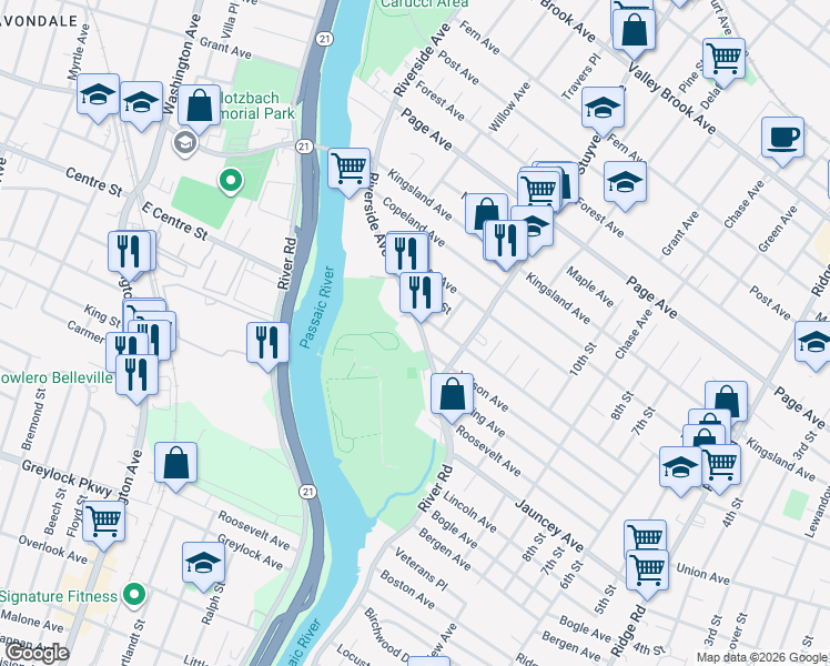 map of restaurants, bars, coffee shops, grocery stores, and more near 763 Riverside Avenue in Lyndhurst