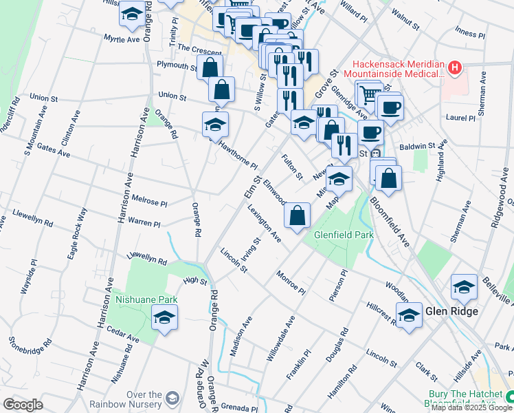 map of restaurants, bars, coffee shops, grocery stores, and more near 56 Elmwood Avenue in Montclair
