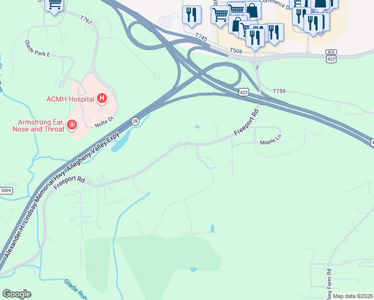 map of restaurants, bars, coffee shops, grocery stores, and more near 106 Belltop Drive in Kittanning