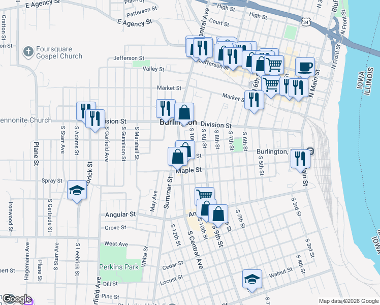 map of restaurants, bars, coffee shops, grocery stores, and more near 254 South 10th Street in Burlington