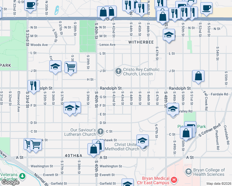 map of restaurants, bars, coffee shops, grocery stores, and more near 4243 Randolph Street in Lincoln