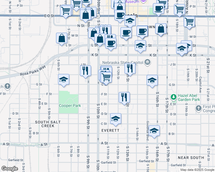 map of restaurants, bars, coffee shops, grocery stores, and more near 1114 G Street in Lincoln