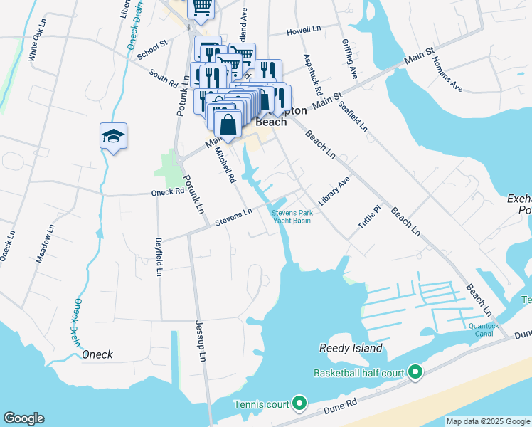 map of restaurants, bars, coffee shops, grocery stores, and more near 65 Stevens Lane in Westhampton Beach