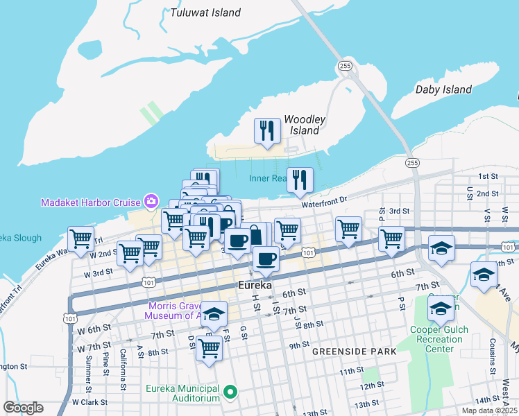 map of restaurants, bars, coffee shops, grocery stores, and more near 101 I Street in Eureka