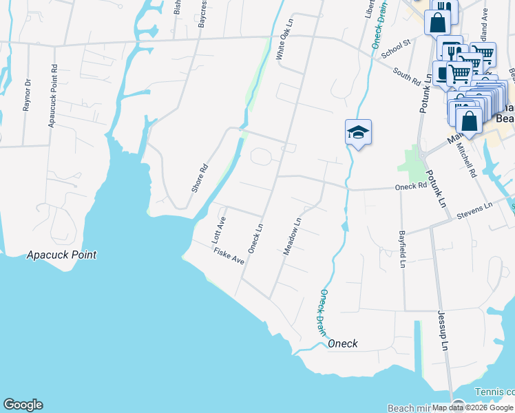 map of restaurants, bars, coffee shops, grocery stores, and more near 245 Oneck Lane in Westhampton Beach