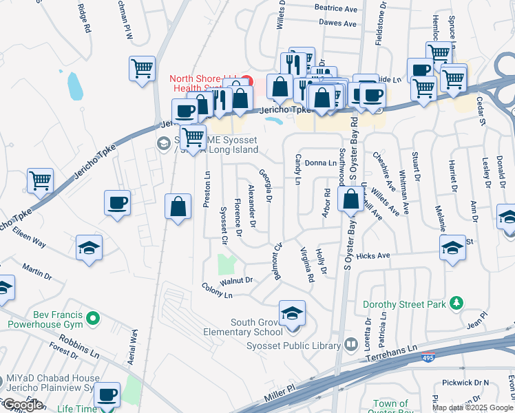 map of restaurants, bars, coffee shops, grocery stores, and more near 39 Georgia Drive in Syosset