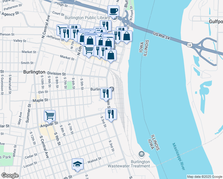 map of restaurants, bars, coffee shops, grocery stores, and more near 300 South Main Street in Burlington
