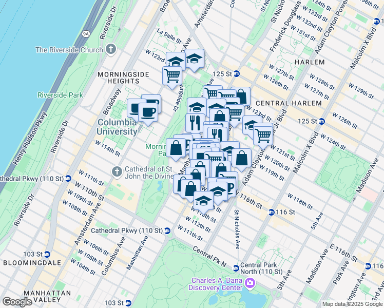 map of restaurants, bars, coffee shops, grocery stores, and more near Manhattan Ave & W 117th St in New York