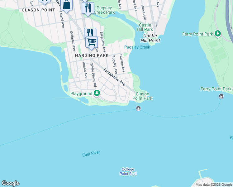 map of restaurants, bars, coffee shops, grocery stores, and more near 132 Surf Drive in The Bronx