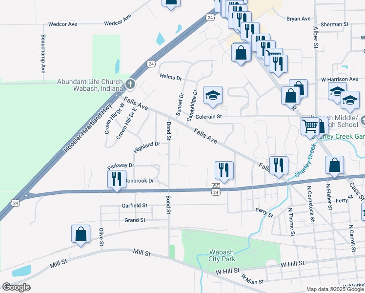 map of restaurants, bars, coffee shops, grocery stores, and more near 563 Sommers Avenue in Wabash