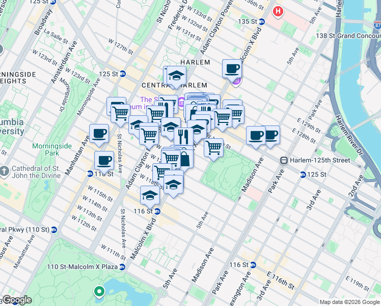 map of restaurants, bars, coffee shops, grocery stores, and more near 236 Malcolm X Boulevard in New York