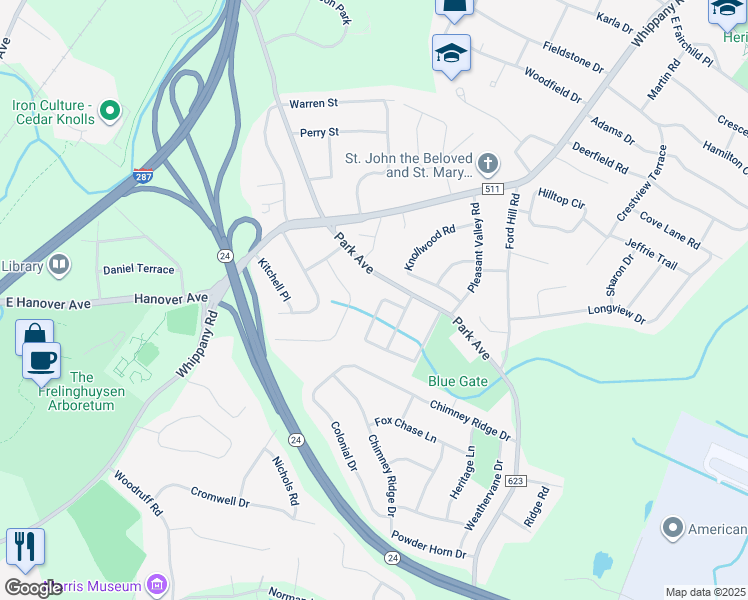 map of restaurants, bars, coffee shops, grocery stores, and more near 8 Vom Eigen Drive in Morristown