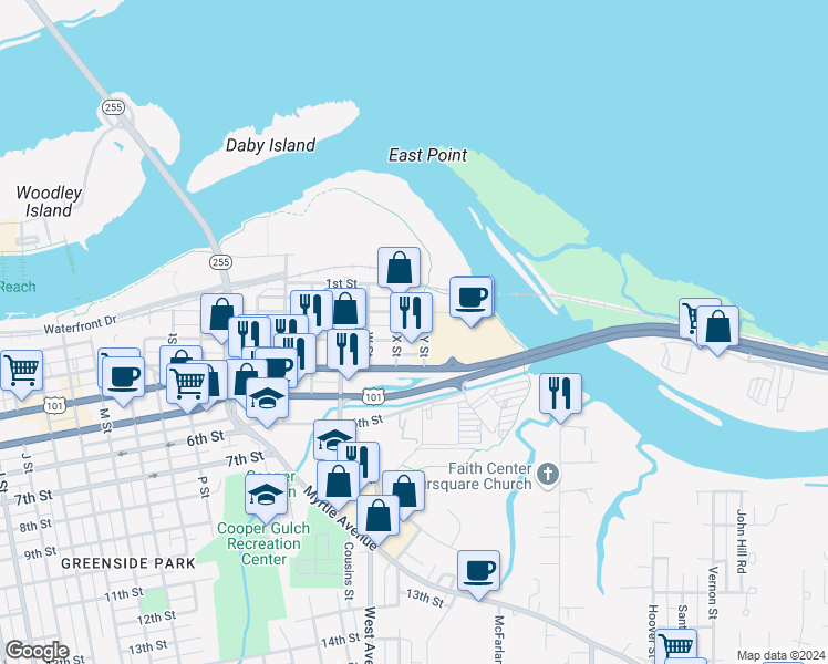 map of restaurants, bars, coffee shops, grocery stores, and more near 2323 3rd Street in Eureka