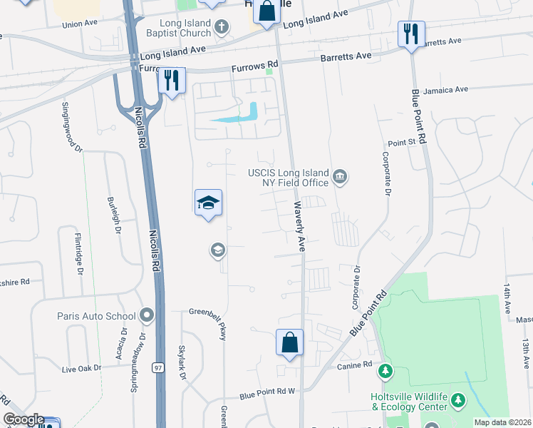 map of restaurants, bars, coffee shops, grocery stores, and more near 75 Storm Drive in Holtsville