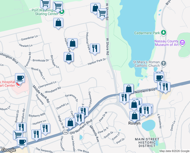 map of restaurants, bars, coffee shops, grocery stores, and more near 54 Woodland Road in Roslyn