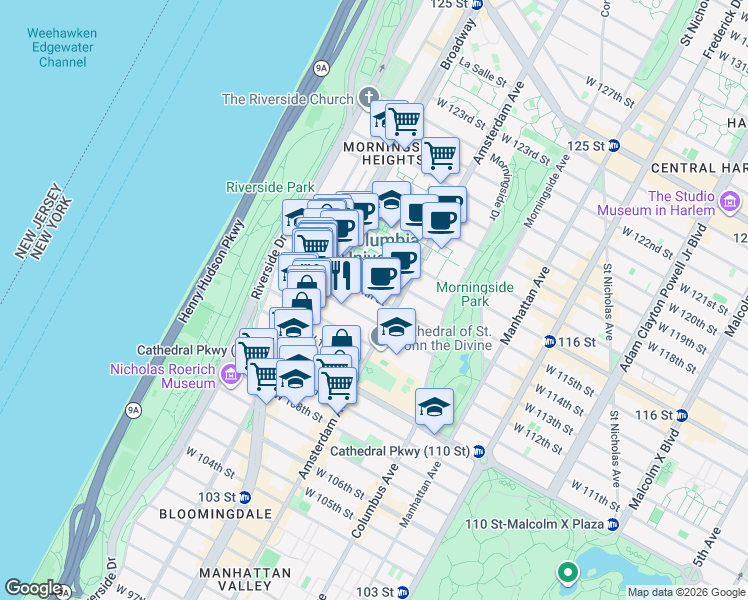 map of restaurants, bars, coffee shops, grocery stores, and more near 514 West 114th Street in New York