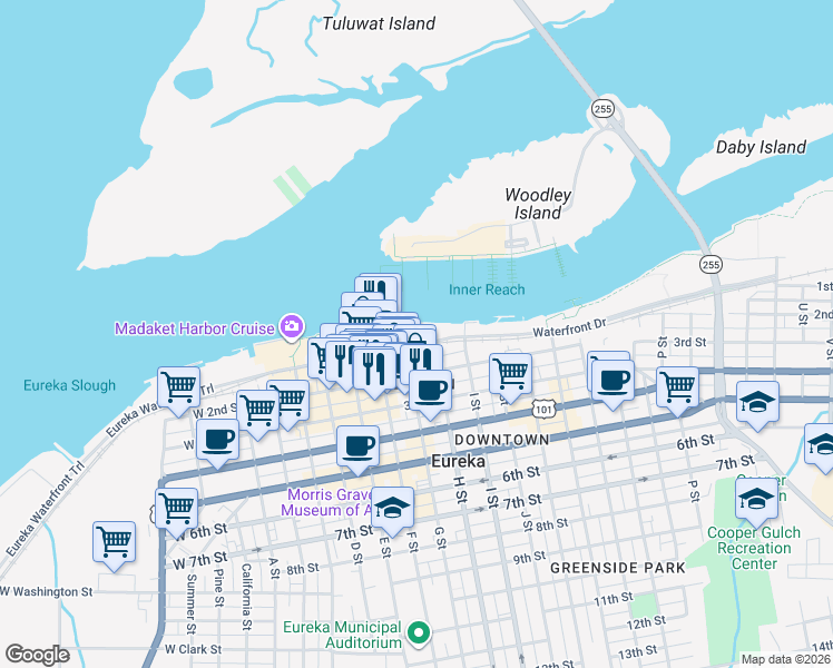 map of restaurants, bars, coffee shops, grocery stores, and more near Eureka Boardwalk in Eureka