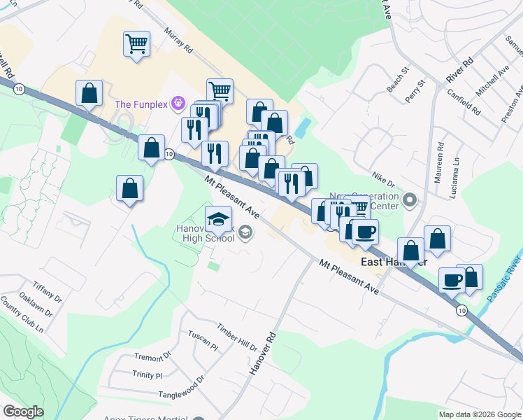 map of restaurants, bars, coffee shops, grocery stores, and more near 325 New Jersey 10 in East Hanover