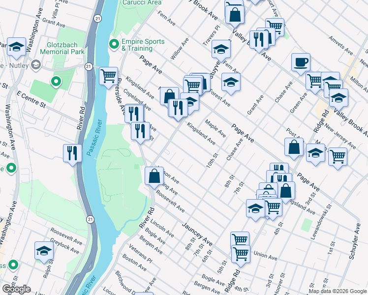 map of restaurants, bars, coffee shops, grocery stores, and more near 329 Sanford Avenue in Lyndhurst