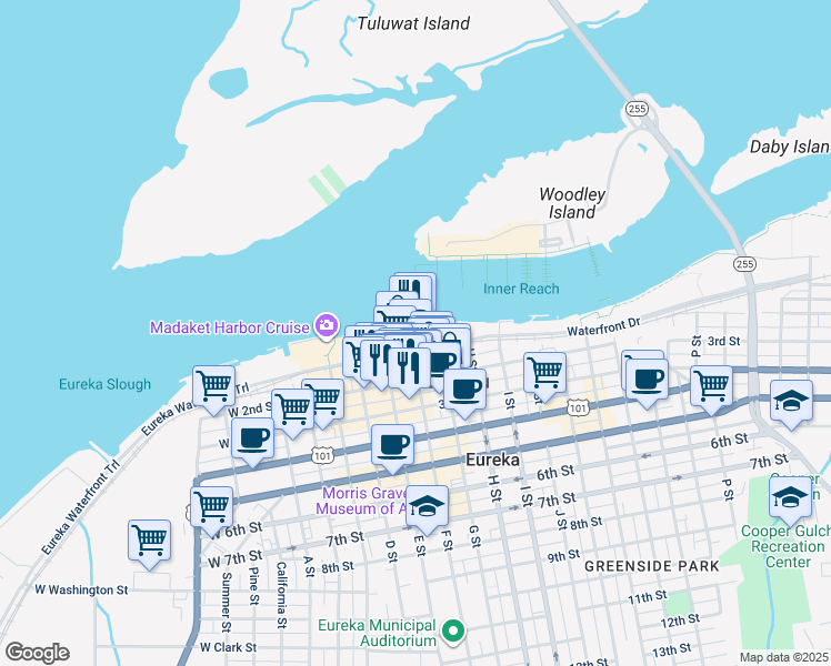 map of restaurants, bars, coffee shops, grocery stores, and more near 7 F Street in Eureka