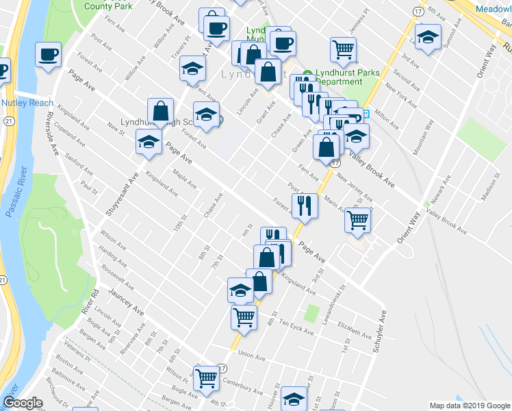 map of restaurants, bars, coffee shops, grocery stores, and more near 505 Page Avenue in Lyndhurst