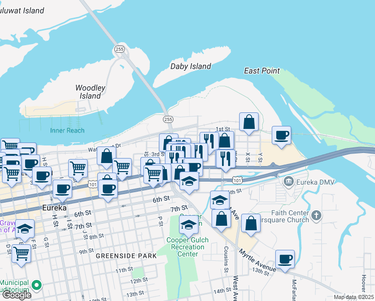 map of restaurants, bars, coffee shops, grocery stores, and more near 1824 2nd Street in Eureka