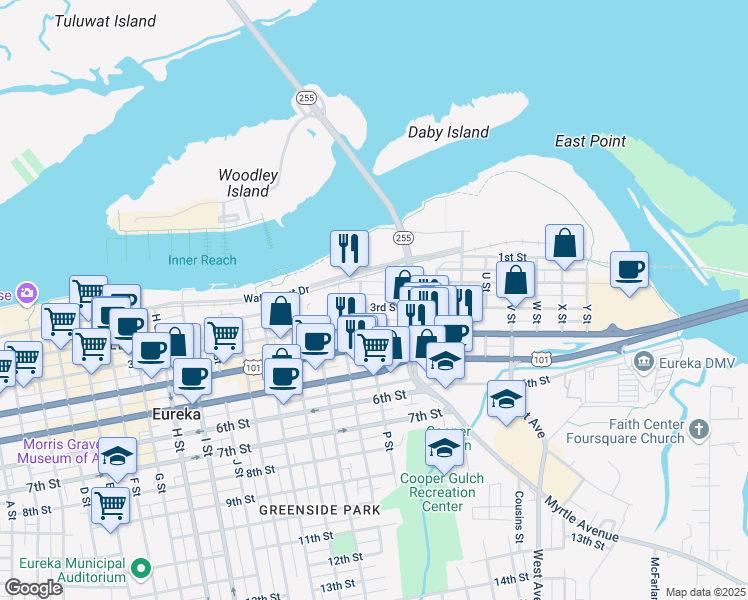 map of restaurants, bars, coffee shops, grocery stores, and more near 214 Q Street in Eureka
