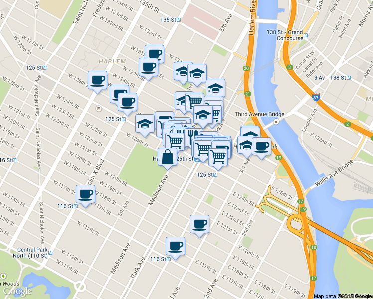 map of restaurants, bars, coffee shops, grocery stores, and more near 56 East 126th Street in New York