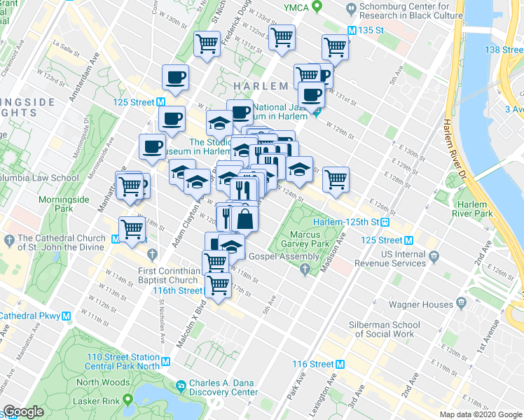 map of restaurants, bars, coffee shops, grocery stores, and more near 38 West 123rd Street in New York