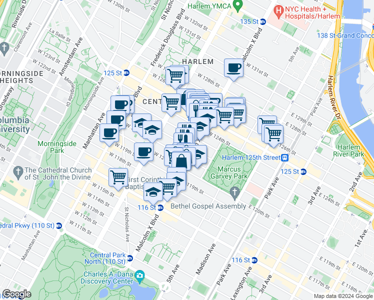 map of restaurants, bars, coffee shops, grocery stores, and more near 241 Lenox Avenue in New York