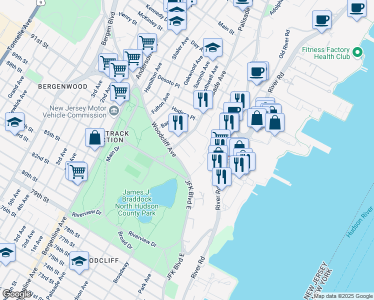 map of restaurants, bars, coffee shops, grocery stores, and more near 142 Hillcrest Place in North Bergen