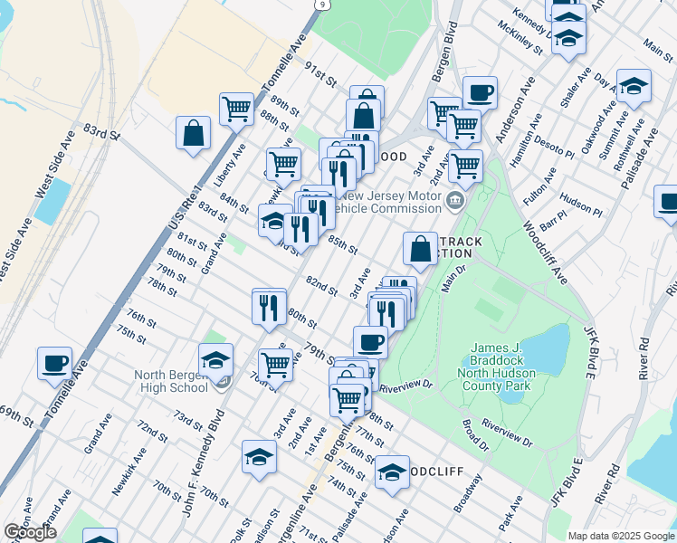 map of restaurants, bars, coffee shops, grocery stores, and more near 8304 5th Avenue in North Bergen