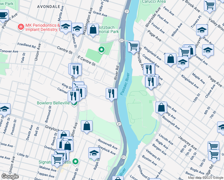 map of restaurants, bars, coffee shops, grocery stores, and more near 82 River Road in Nutley