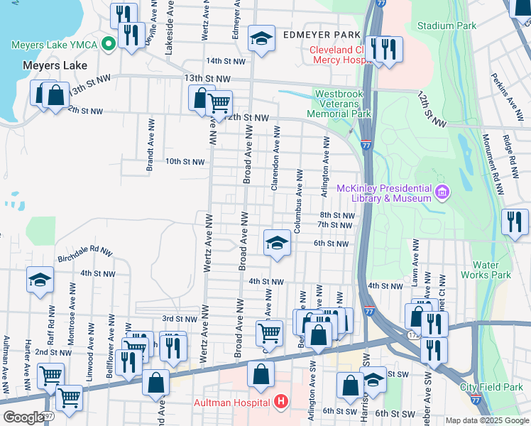 map of restaurants, bars, coffee shops, grocery stores, and more near 809 Clarendon Avenue Northwest in Canton