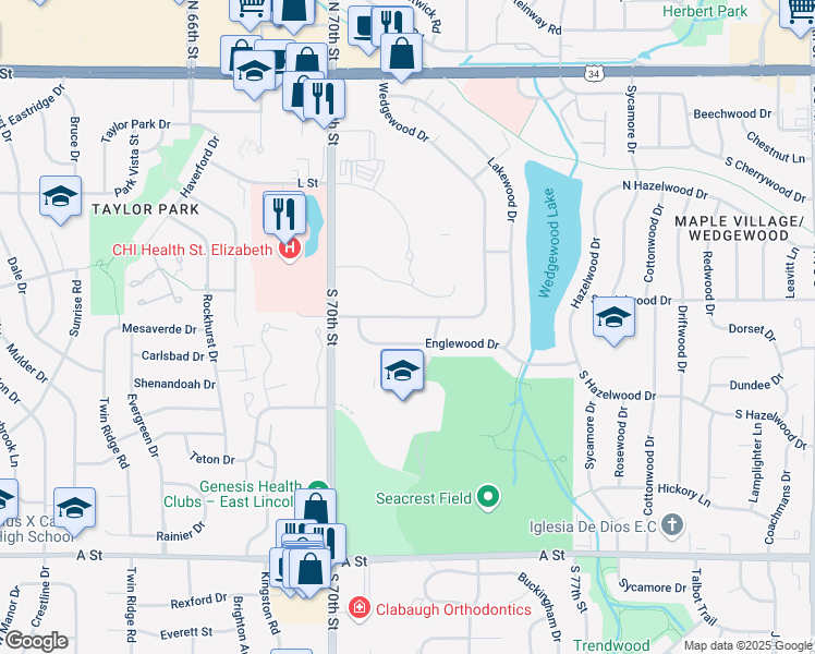 map of restaurants, bars, coffee shops, grocery stores, and more near 7151 South Wedgewood Drive in Lincoln