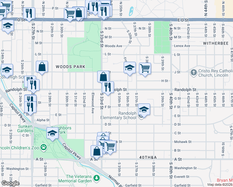 map of restaurants, bars, coffee shops, grocery stores, and more near 801 South 35th Street in Lincoln