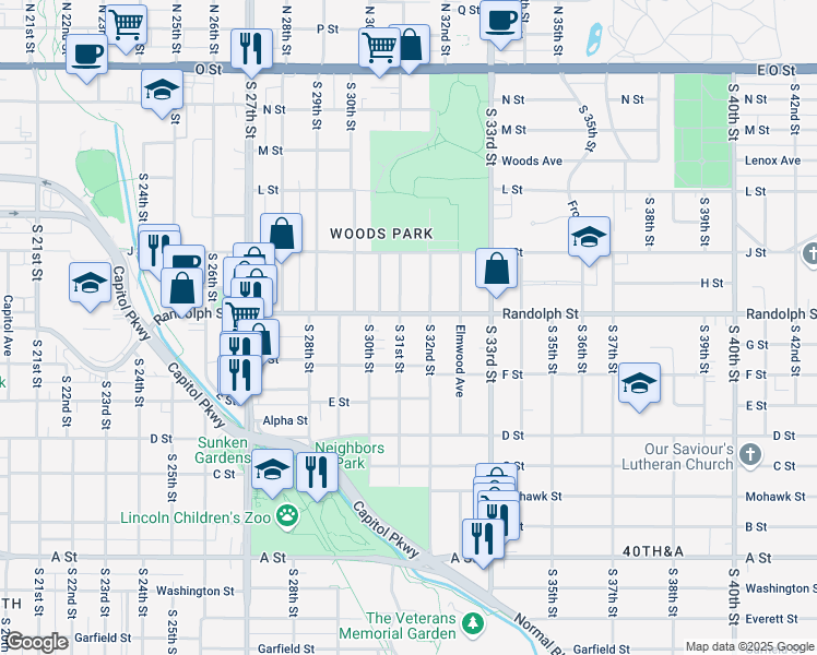 map of restaurants, bars, coffee shops, grocery stores, and more near 3037 Randolph Street in Lincoln