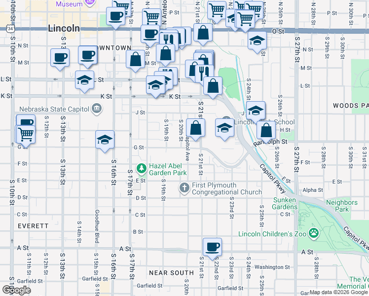 map of restaurants, bars, coffee shops, grocery stores, and more near 2020 G Street in Lincoln