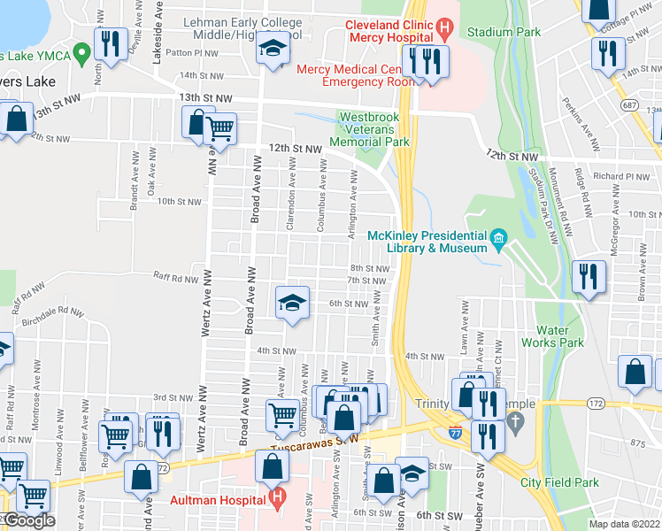 map of restaurants, bars, coffee shops, grocery stores, and more near 801 Bedford Avenue Northwest in Canton