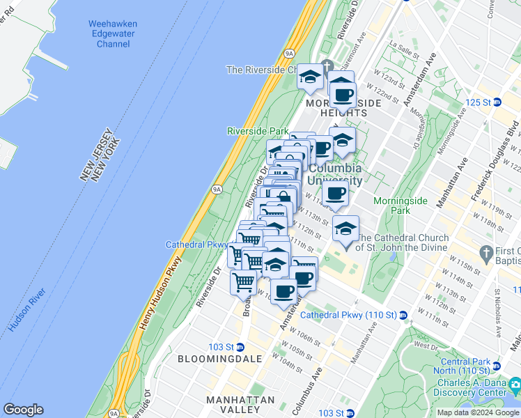 map of restaurants, bars, coffee shops, grocery stores, and more near 390 Riverside Drive in New York