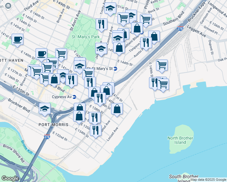 map of restaurants, bars, coffee shops, grocery stores, and more near 825 East 141st Street in The Bronx