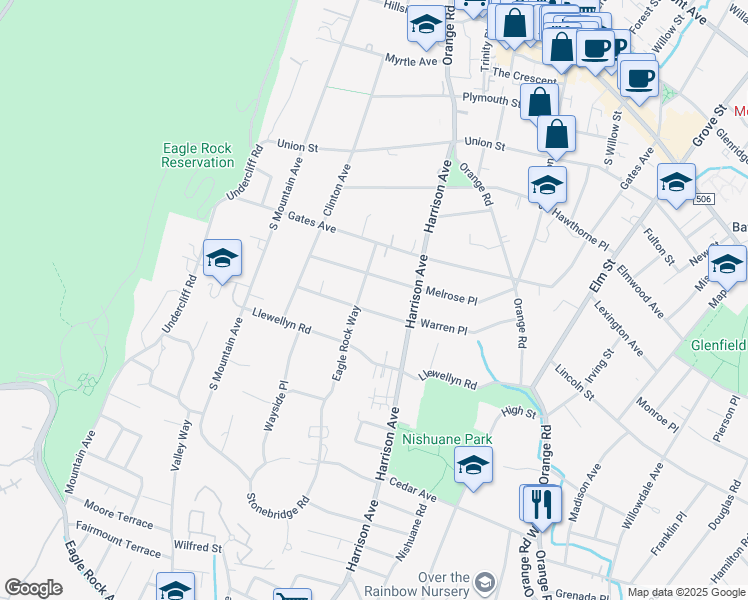map of restaurants, bars, coffee shops, grocery stores, and more near 67 Warren Place in Montclair