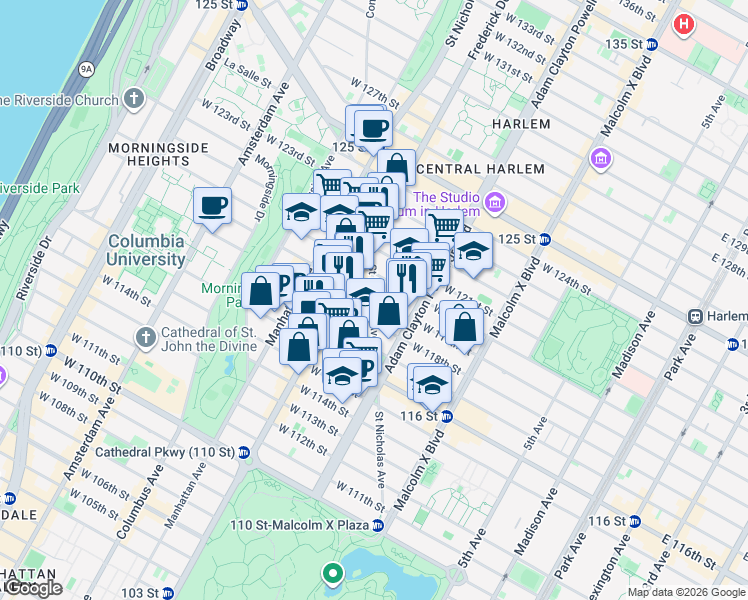 map of restaurants, bars, coffee shops, grocery stores, and more near 178 St Nicholas Ave in New York