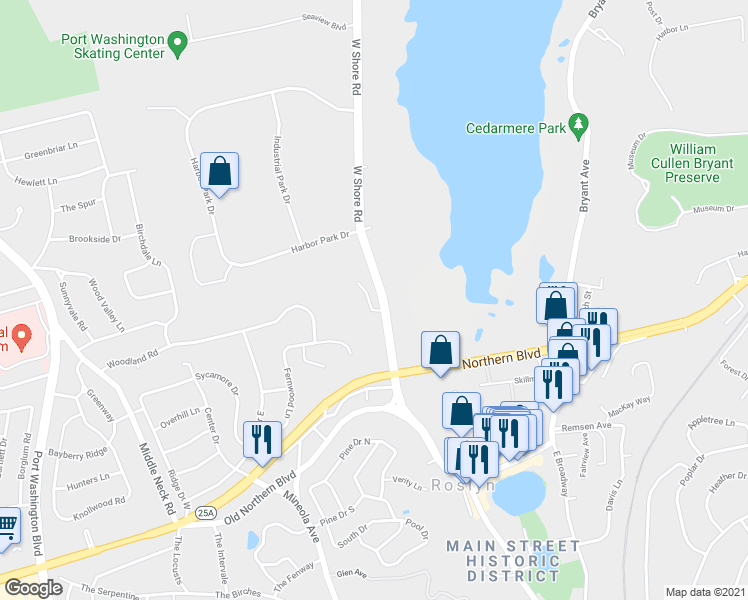 map of restaurants, bars, coffee shops, grocery stores, and more near 31 John Bean Court in Port Washington