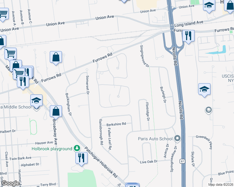 map of restaurants, bars, coffee shops, grocery stores, and more near 14 Hampshire Court in Holbrook