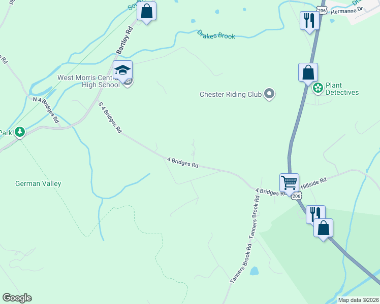 map of restaurants, bars, coffee shops, grocery stores, and more near 32 4 Bridges Road in Chester