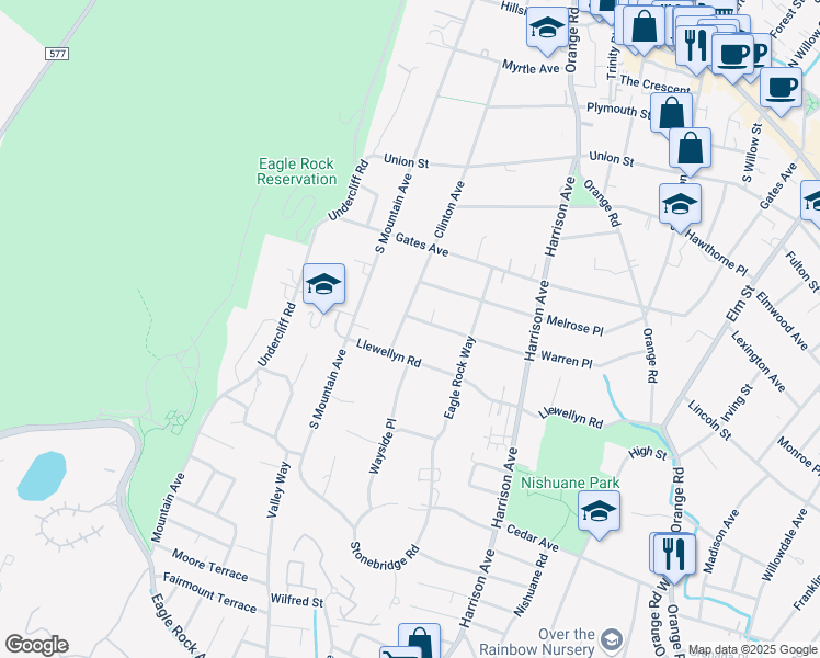 map of restaurants, bars, coffee shops, grocery stores, and more near 100 Warren Place in Montclair