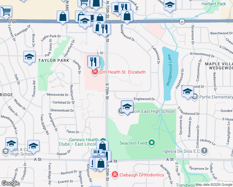 map of restaurants, bars, coffee shops, grocery stores, and more near 7100 Englewood Drive in Lincoln