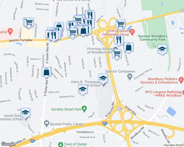 map of restaurants, bars, coffee shops, grocery stores, and more near 25 Ann Drive in Syosset