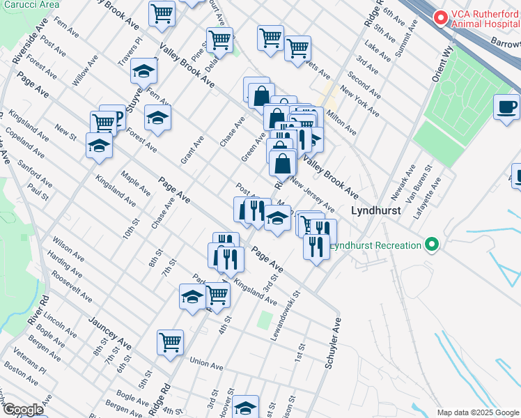 map of restaurants, bars, coffee shops, grocery stores, and more near 439 Ridge Road in Lyndhurst